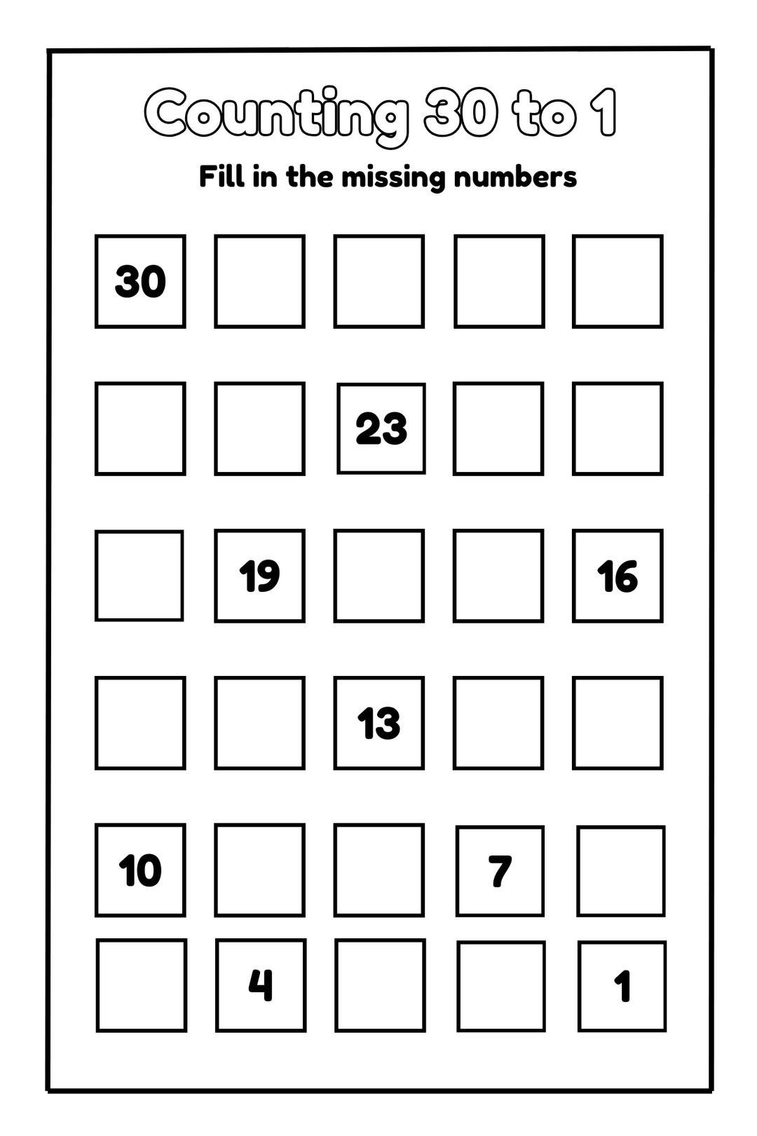 Number counting worksheet with fill-in boxes showing 30, 23, 19, 13, 10, 7, 4, 1