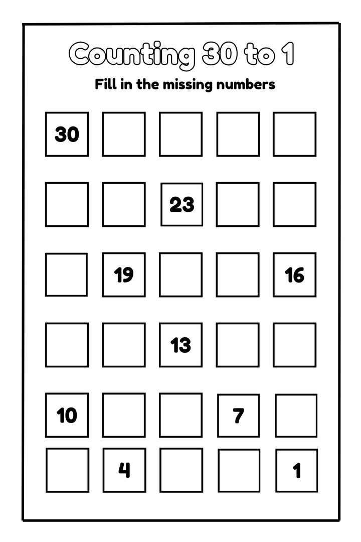 Number counting worksheet with fill-in boxes showing 30, 23, 19, 13, 10, 7, 4, 1
