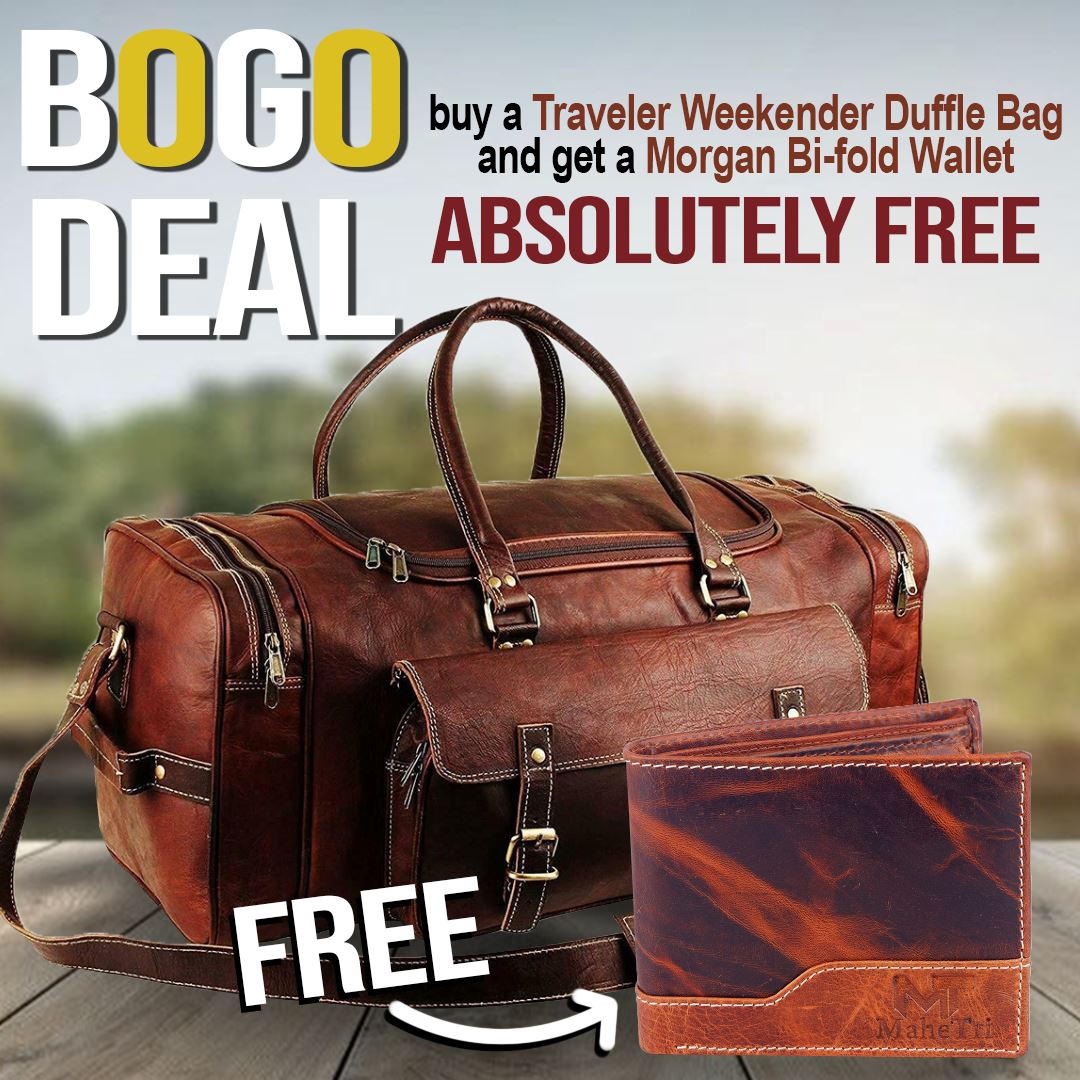 Brown leather-look duffle bag with front pocket and matching bi-fold wallet