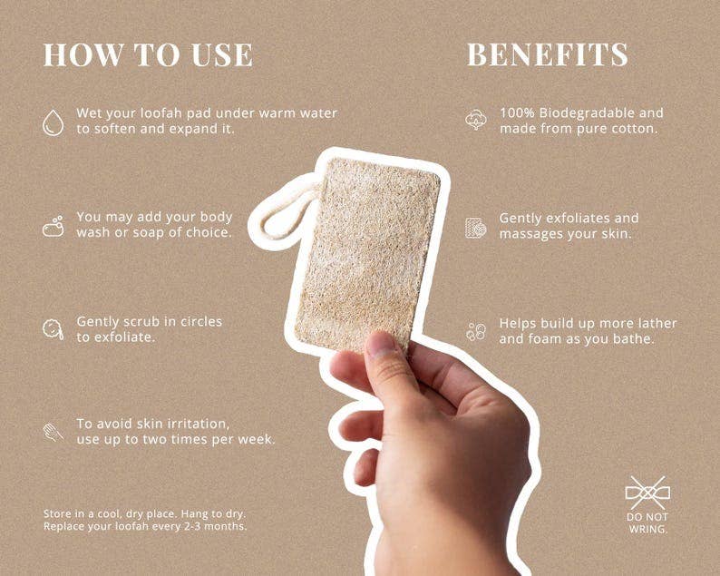 Hand holding a tan loofah pad next to instruction-style icons and benefits