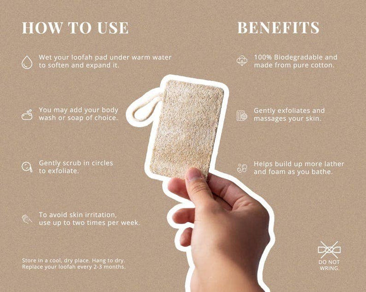 Hand holding a tan loofah pad next to instruction-style icons and benefits