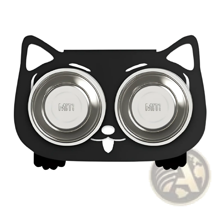Double stainless steel pet bowls with cat-shaped stand, black