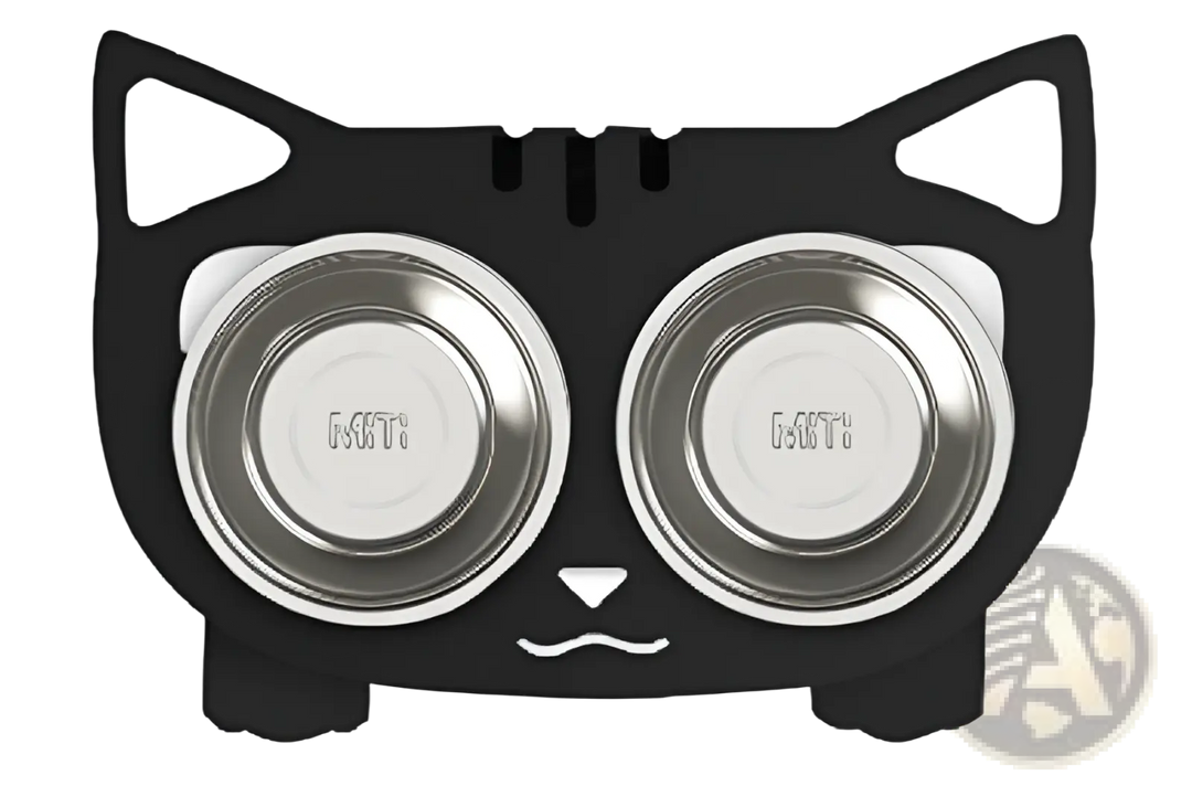 Double stainless steel pet bowls in black cat-shaped stand with two front ears