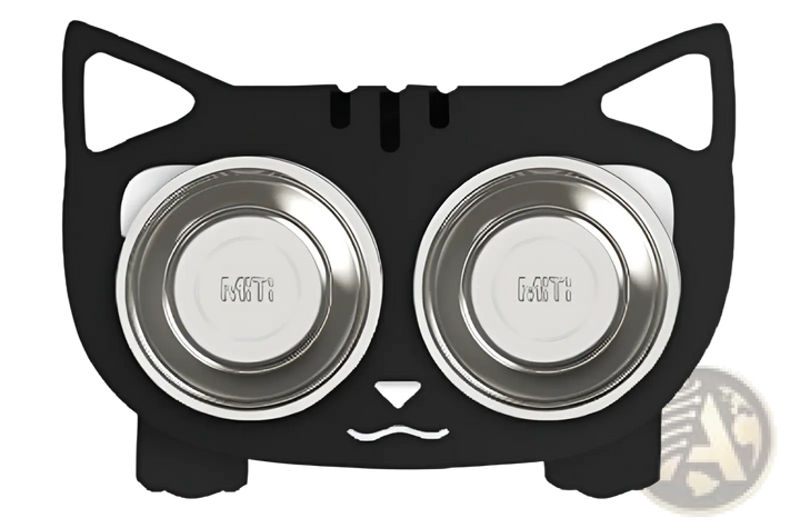 Double stainless steel pet bowls in black cat-shaped stand with two front ears