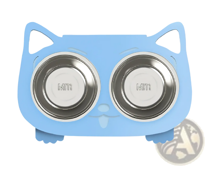 Double stainless steel pet bowls with cat-shaped stand, light blue