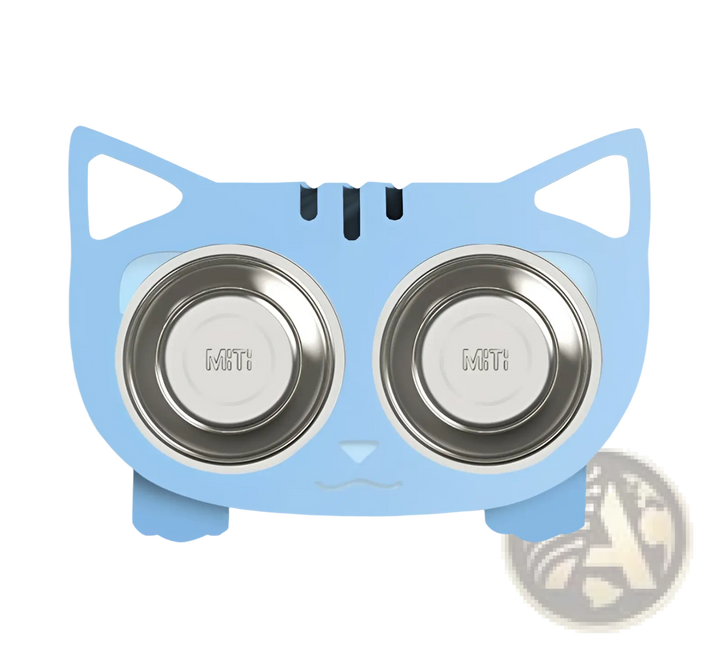 Double stainless steel pet bowls in light blue cat-shaped stand, front view