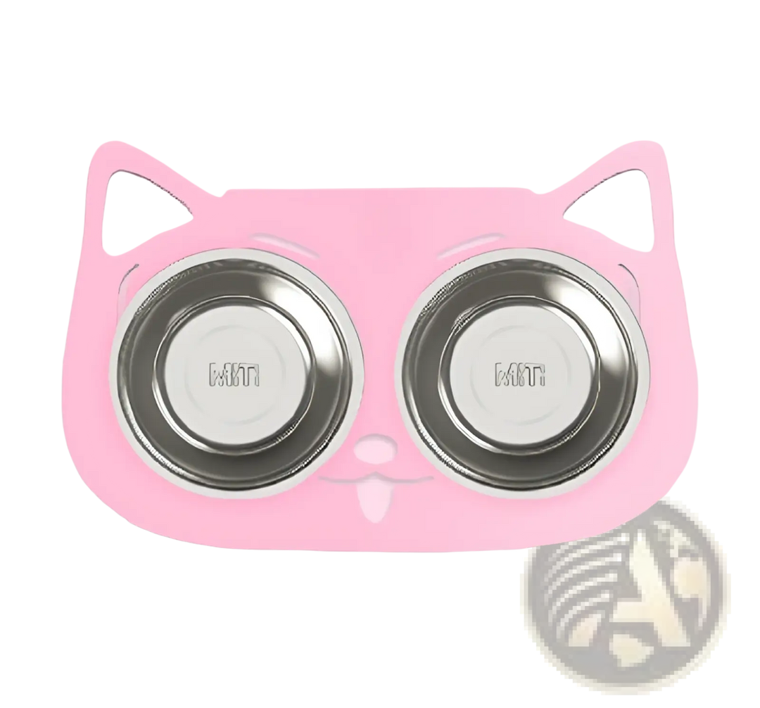Double stainless steel pet bowls with cat-shaped stand, pink