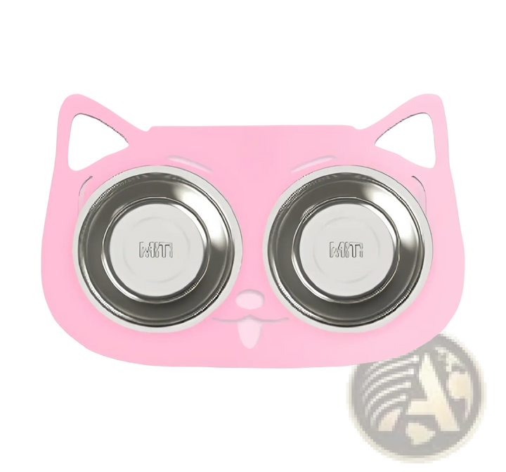 Double stainless steel pet bowls with cat-shaped stand, pink