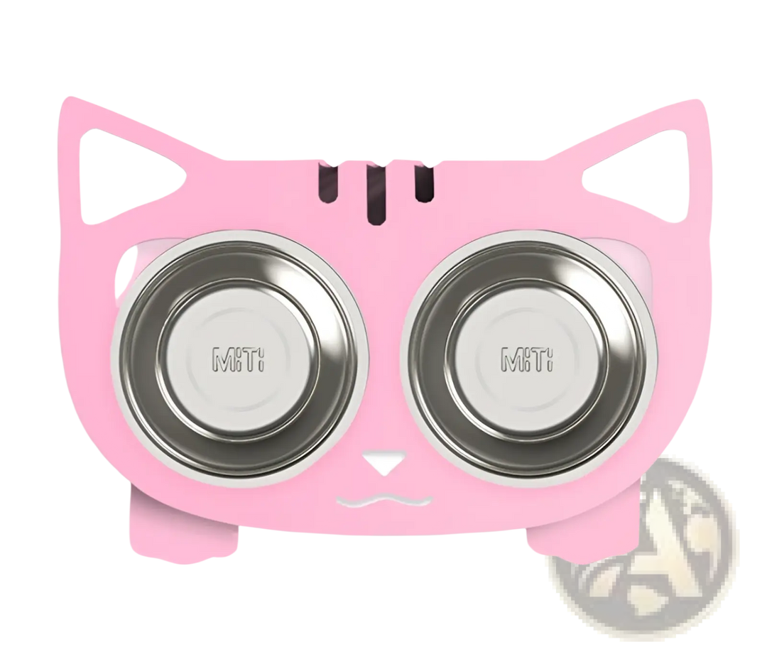 Double stainless steel pet bowls in pink cat-shaped stand, two bowls centered