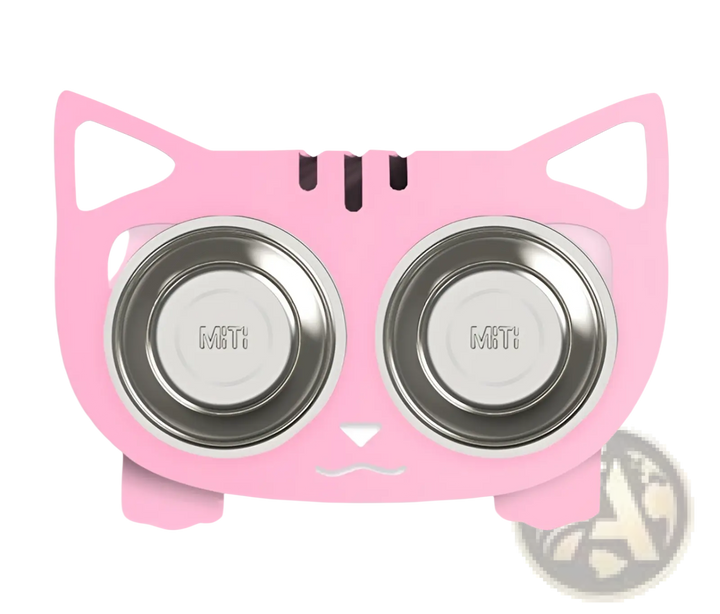 Double stainless steel pet bowls in pink cat-shaped stand, two bowls centered