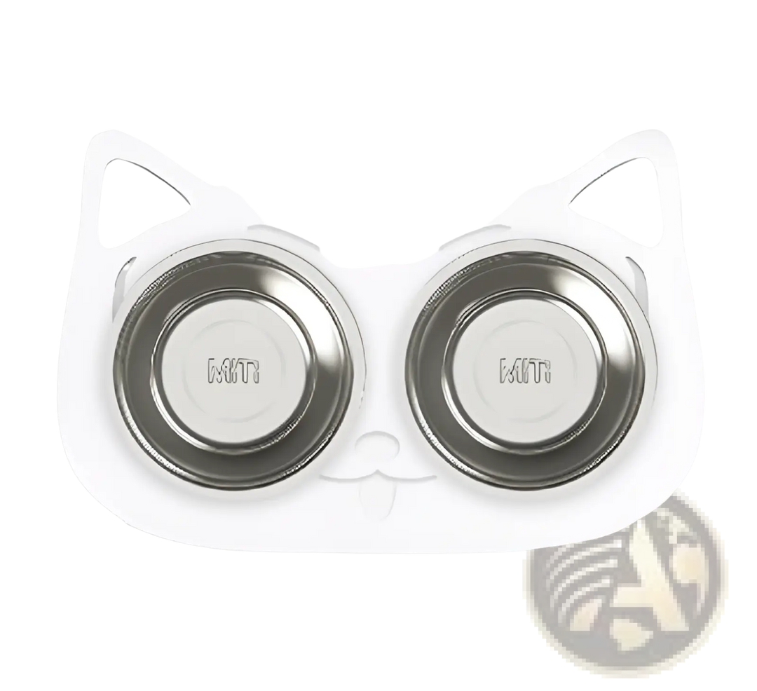 Double stainless steel pet bowls with cat-shaped stand, white