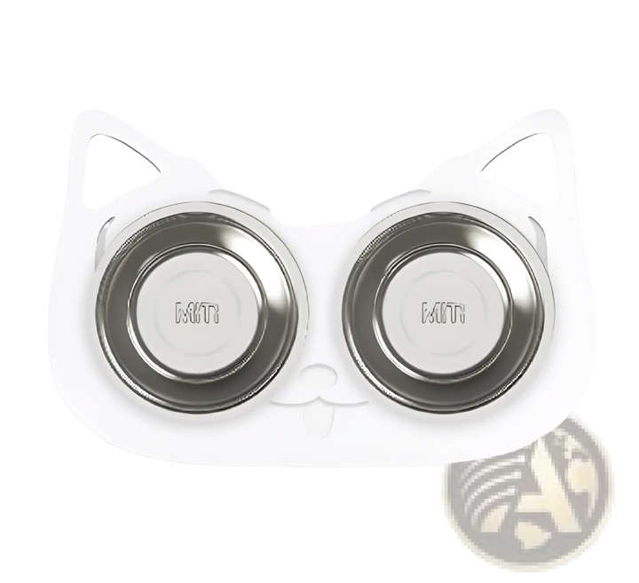 Double stainless steel pet bowls with cat-shaped stand, white