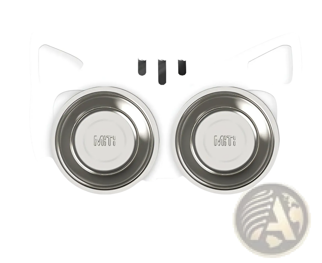 Double stainless steel pet bowls in white cat-shaped stand, close front angle