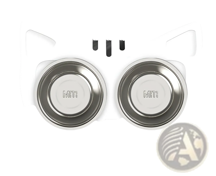 Double stainless steel pet bowls in white cat-shaped stand, close front angle