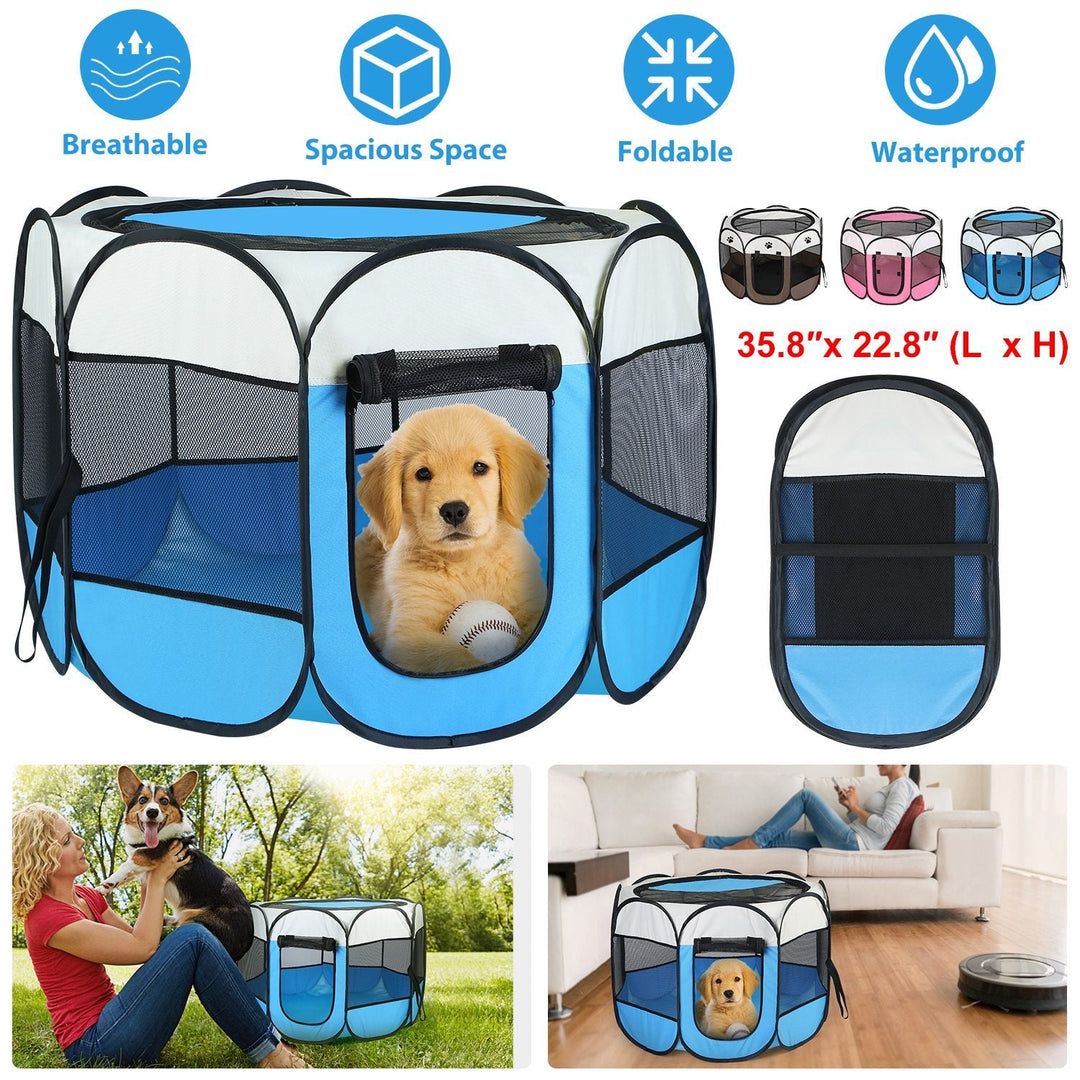 Foldable dog exercise pen tent with mesh sides and zip front door, blue and black.