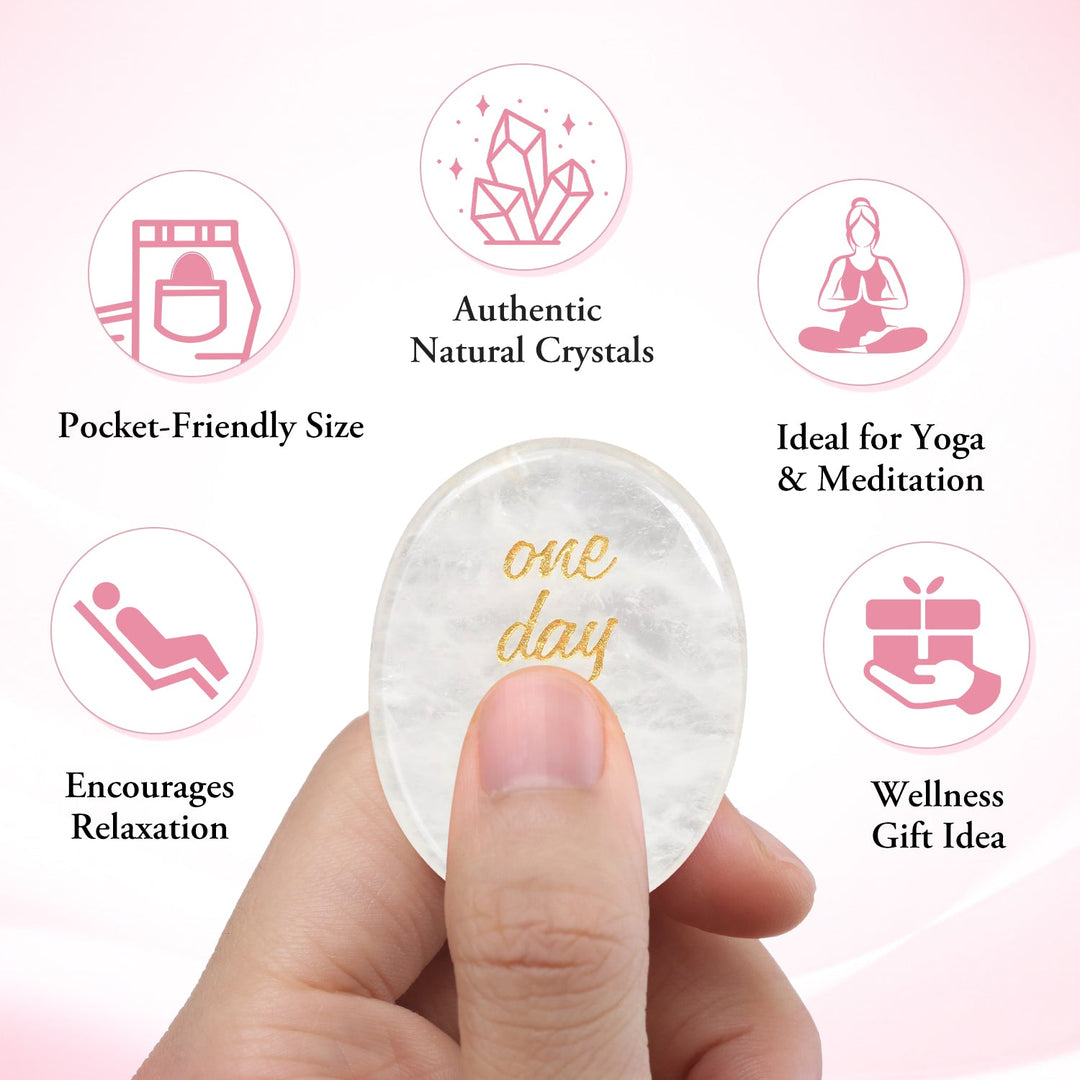 Oval pocket crystal stone with gold "one day at a time" text for wellness use