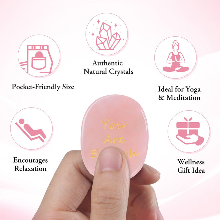 Pink oval pocket crystal stone engraved "You Are Enough", hand-held display
