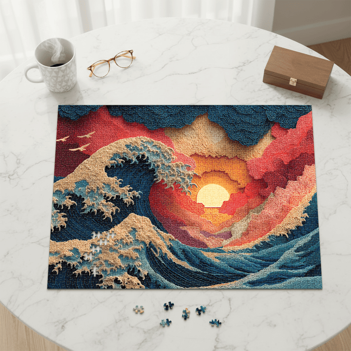 Jigsaw puzzle with colorful wave and sunset scene, assembled on a tabletop