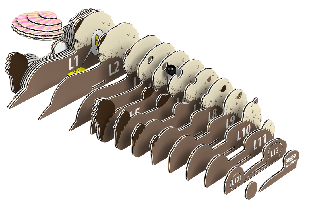 Numbered layered puzzle pieces for sea otter 3D model, angled.