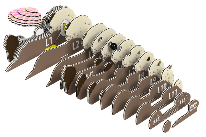 Numbered layered puzzle pieces for sea otter 3D model, angled.