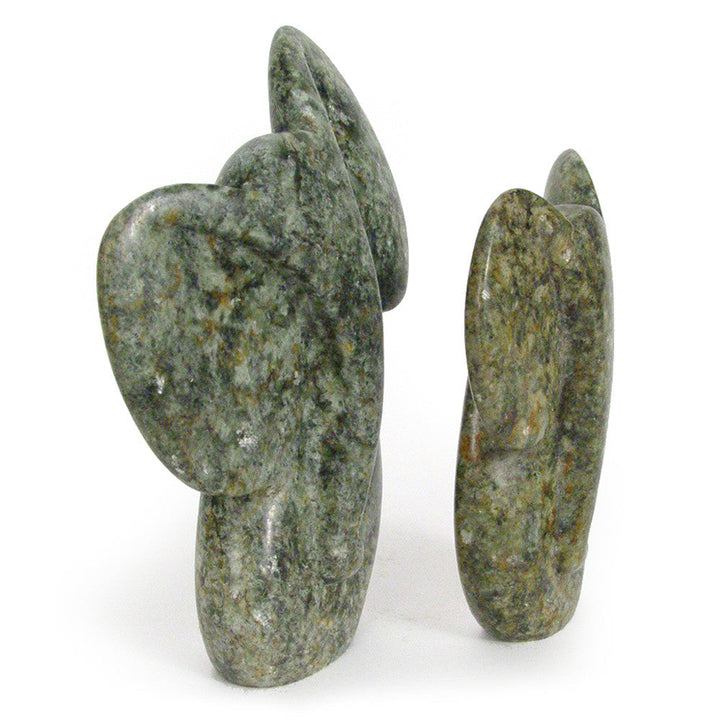 Abstract stone elephant figurine set, green speckled stone, two figures