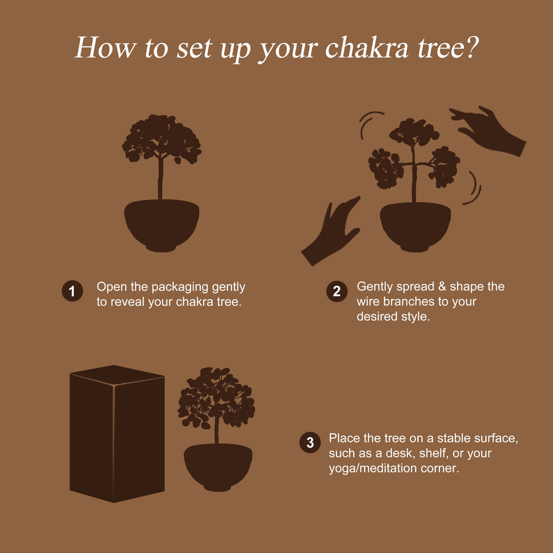 Brown instruction diagram for chakra crystal tree setup with pot and branches icons