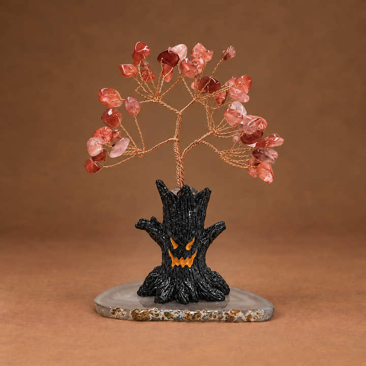 Halloween crystal tree ornament: pink/red faceted crystals on copper wire, black jack-o-lantern base