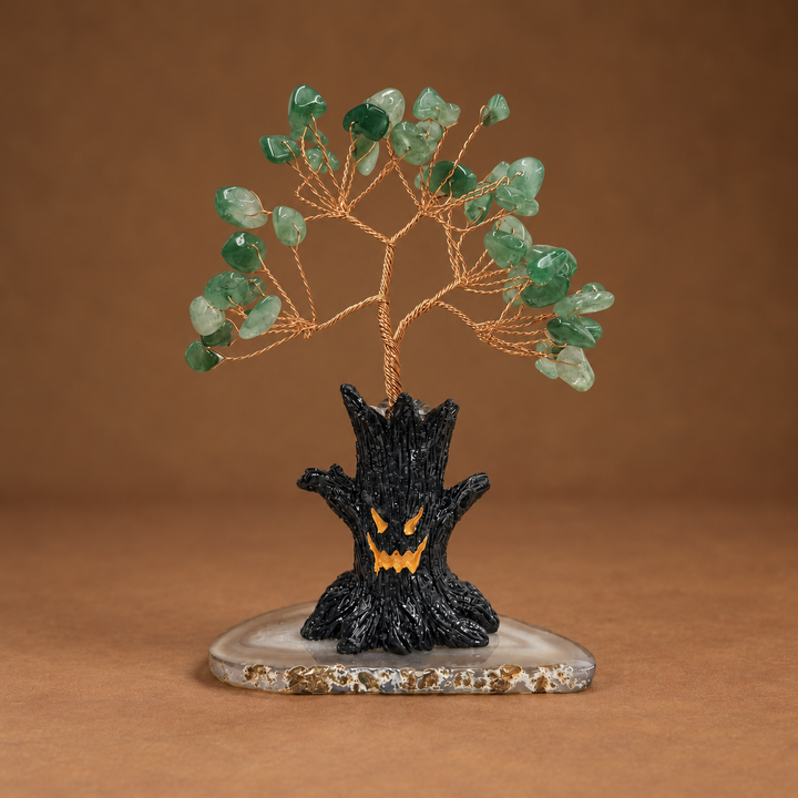 Halloween crystal tree sculpture with green crystal branches on black base