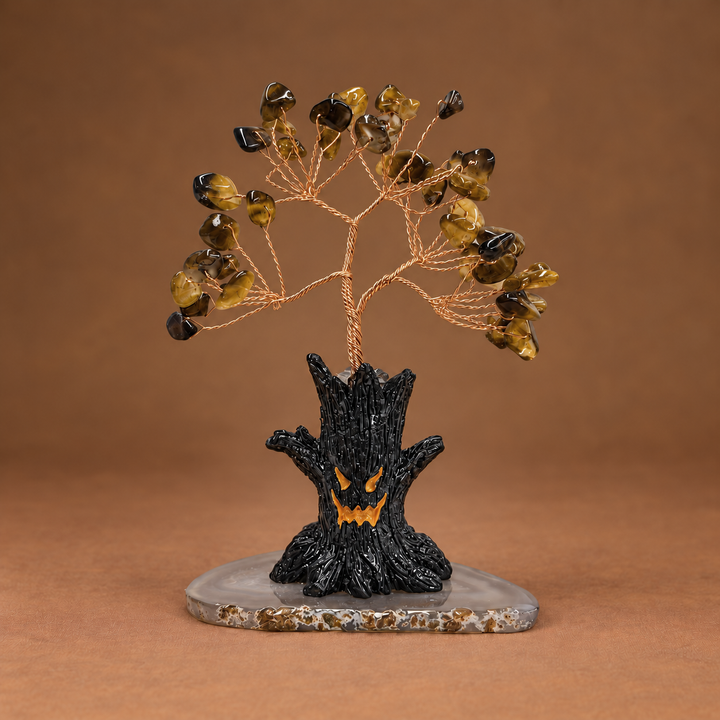 Halloween crystal tree ornament: gold and smoky faceted crystals on copper wire, black jack-o-lantern