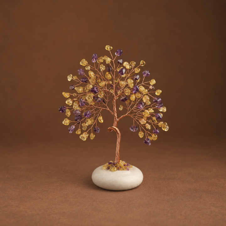 Amethyst and citrine crystal tree with white jade base