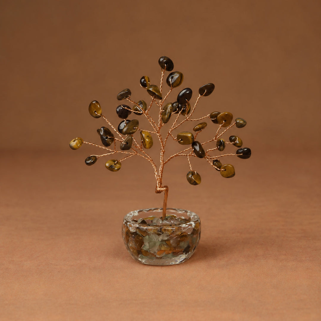 Gold amber gemstone crystal tree with wire branches and round faceted crystal base