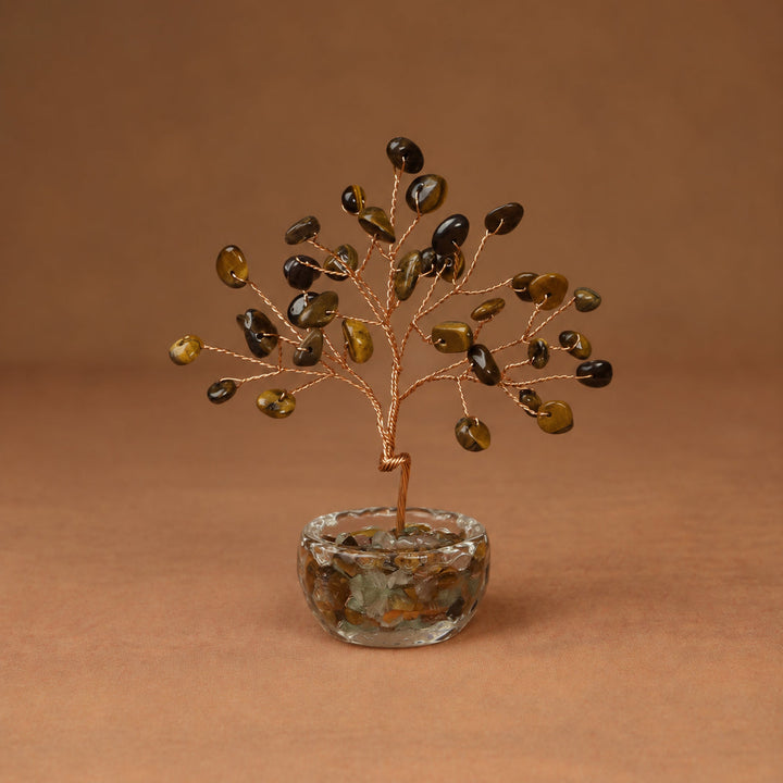 Gold amber gemstone crystal tree with wire branches and round faceted crystal base