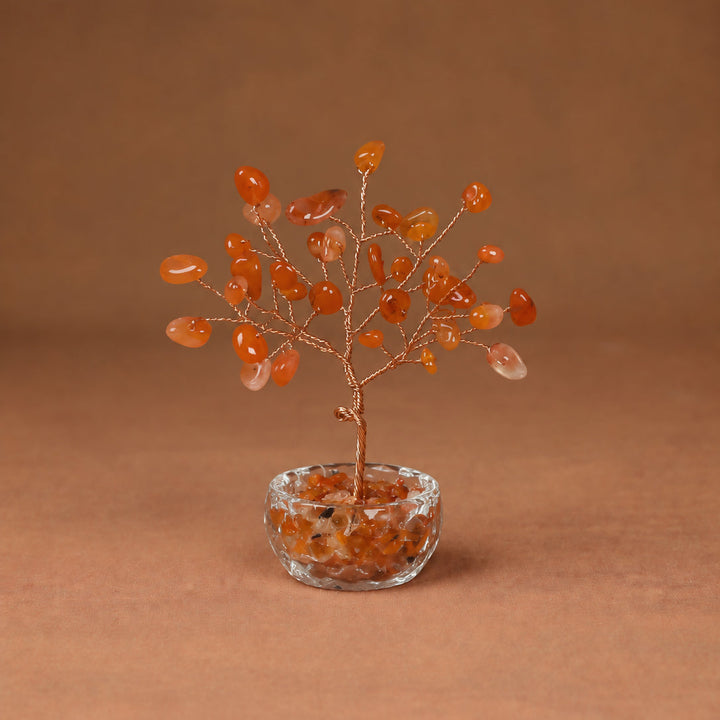 Orange red gemstone crystal tree with wire branches and round faceted crystal base