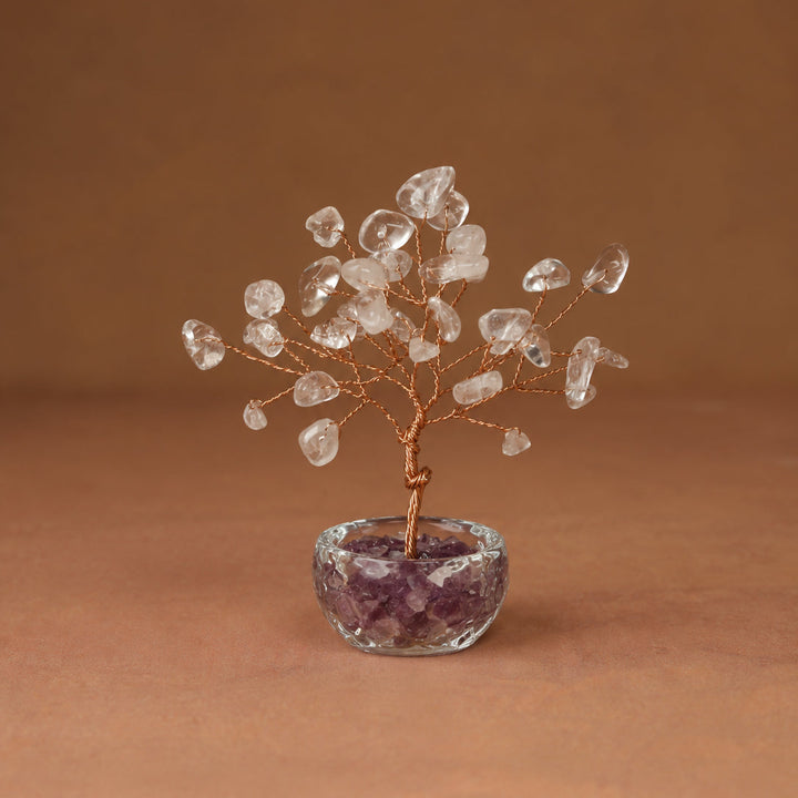 Clear and purple gemstone crystal tree with wire branches and round faceted crystal base