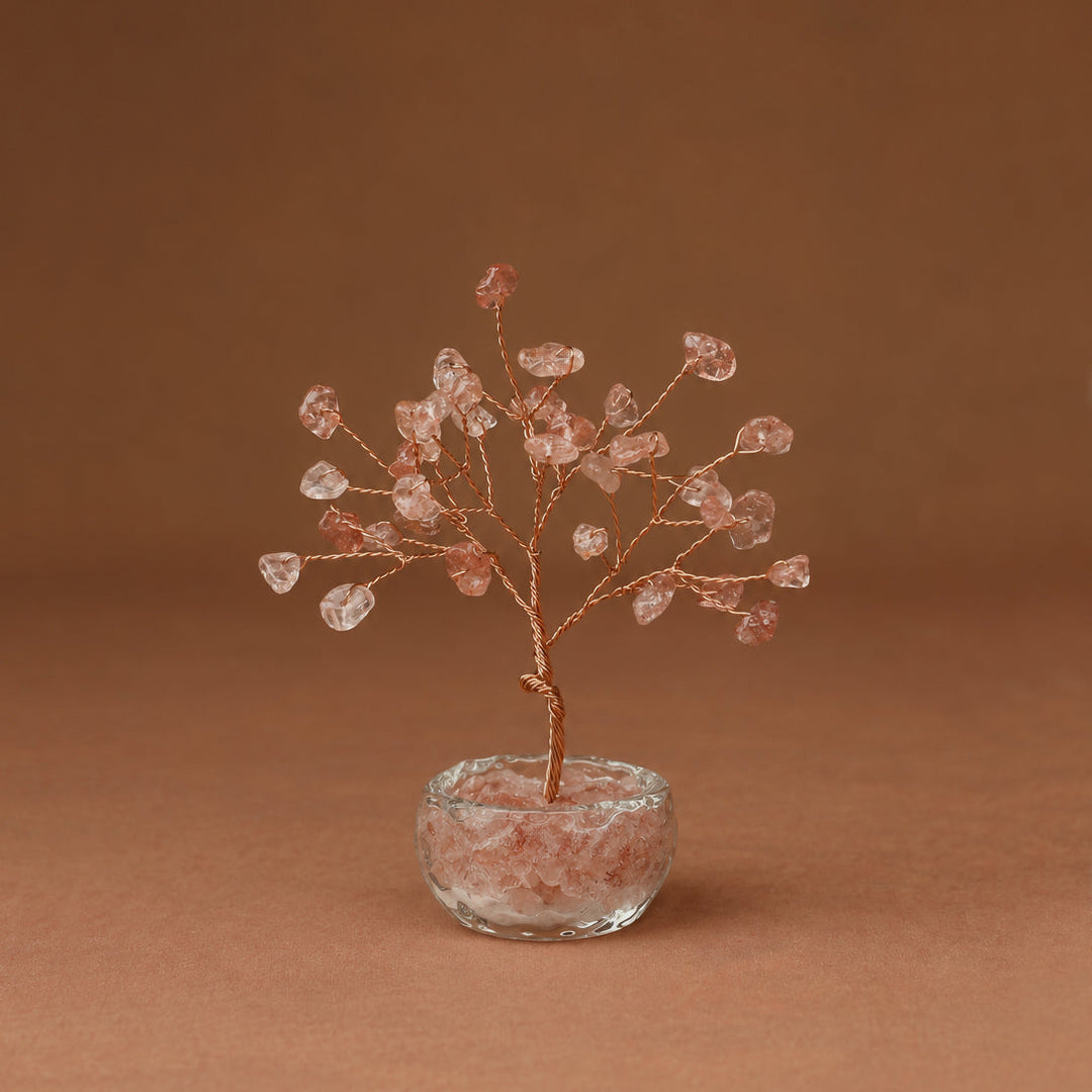 Clear pink gemstone crystal tree with wire branches and round faceted crystal base