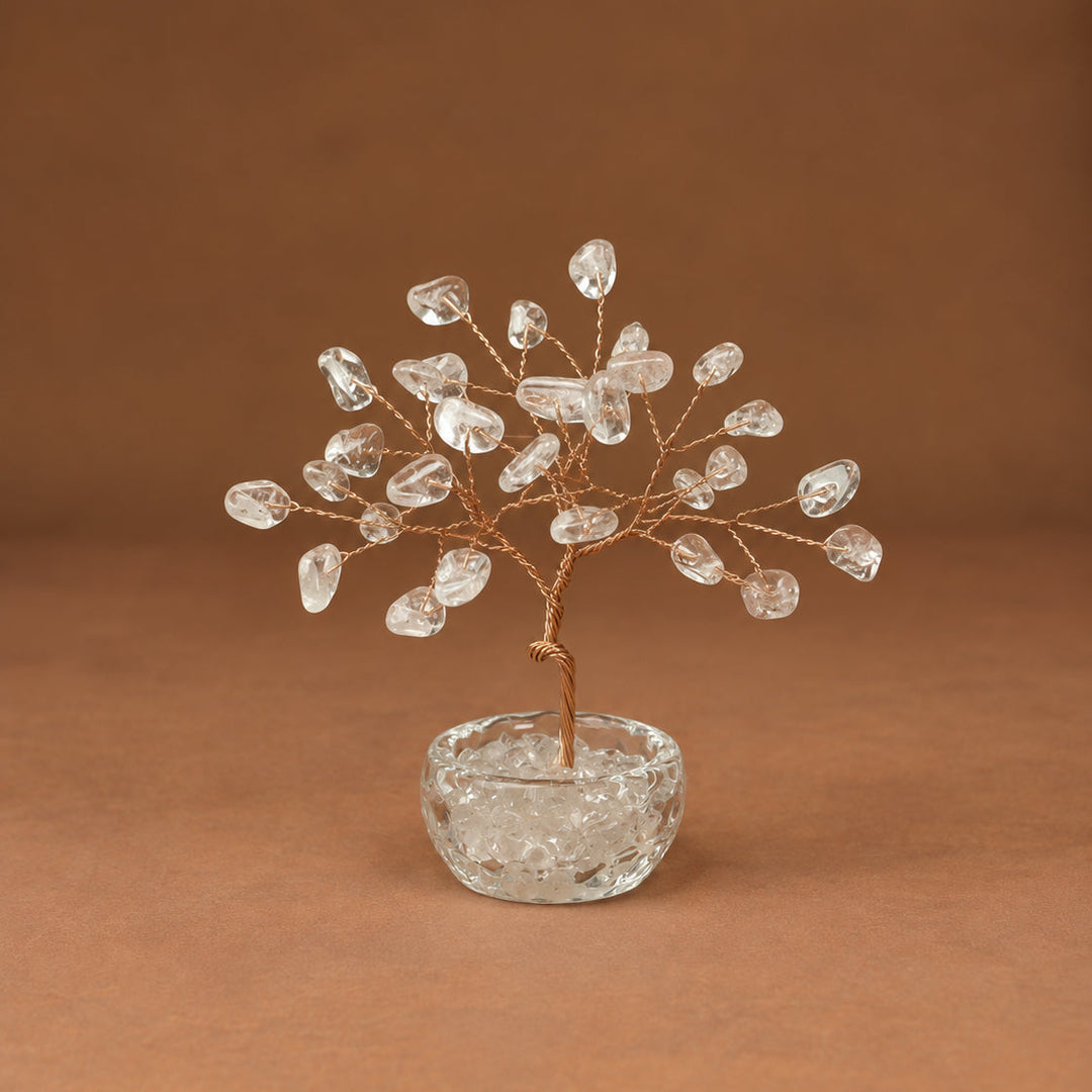 Clear crystal wish tree with wire branches and teardrop gemstone beads, glass base