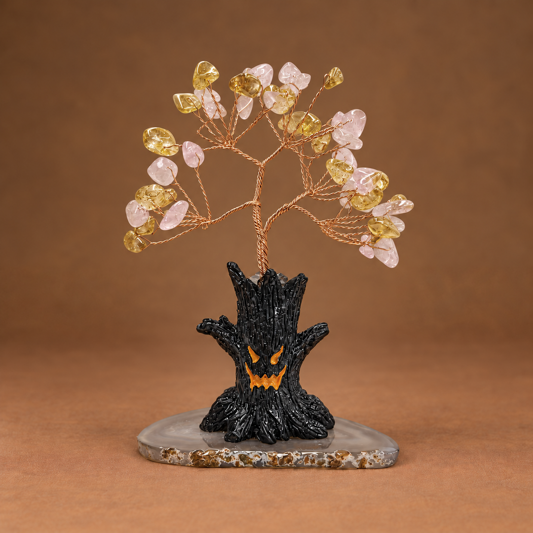 Halloween crystal tree ornament: gold and pink faceted crystals on copper wire, black jack-o-lantern base