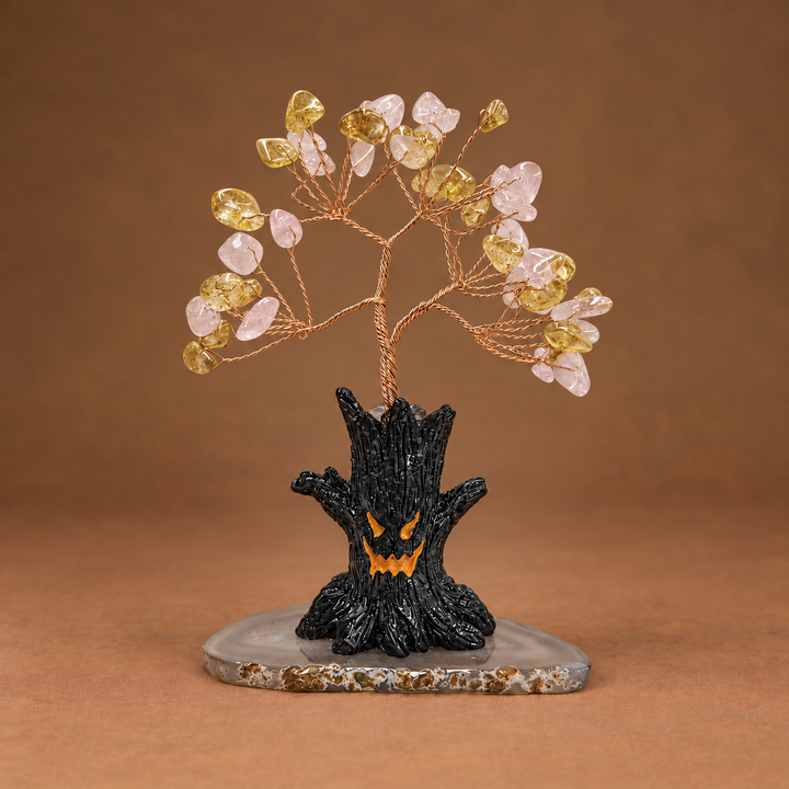 Halloween crystal tree ornament: gold and pink faceted crystals on copper wire, black jack-o-lantern base