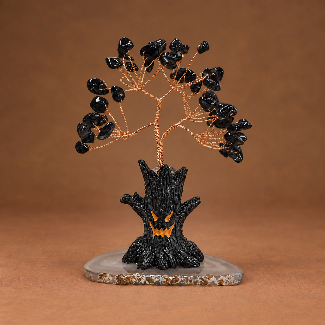 Halloween crystal tree ornament: black faceted crystals on copper wire, black jack-o-lantern base