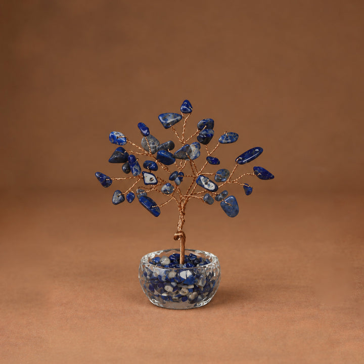 Blue gemstone crystal tree with wire branches and round faceted crystal base