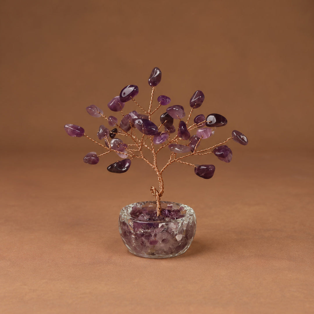 Purple crystal wish tree with gemstone bead branches and round glass stone base