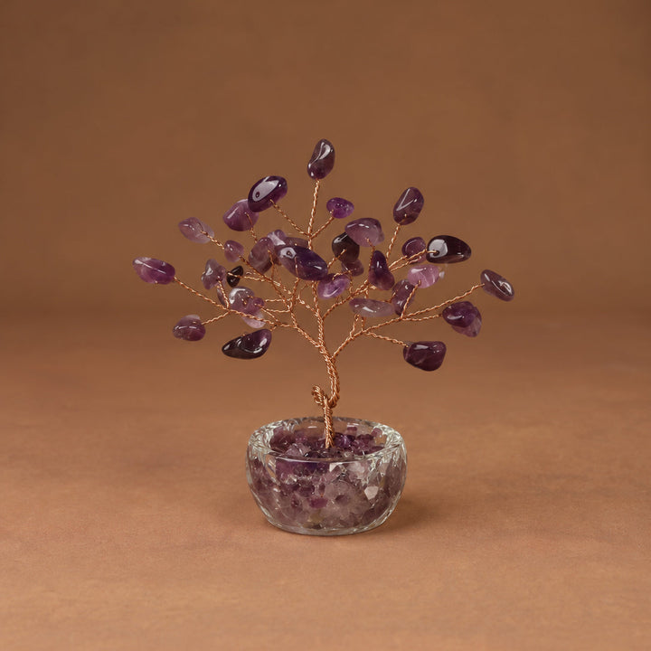 Purple crystal wish tree with gemstone bead branches and round glass stone base