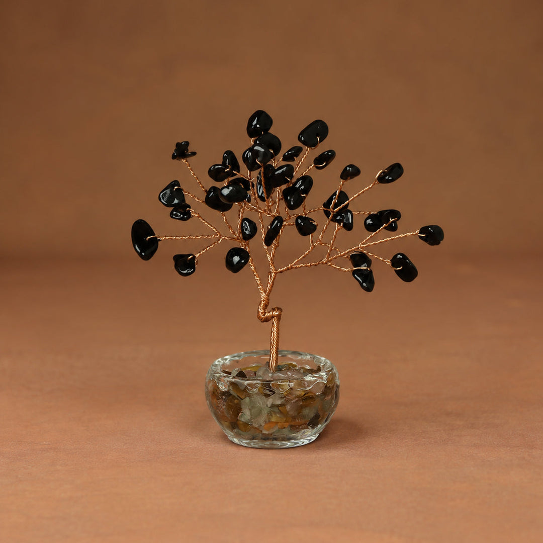 Black gemstone crystal tree with wire branches and round faceted crystal base
