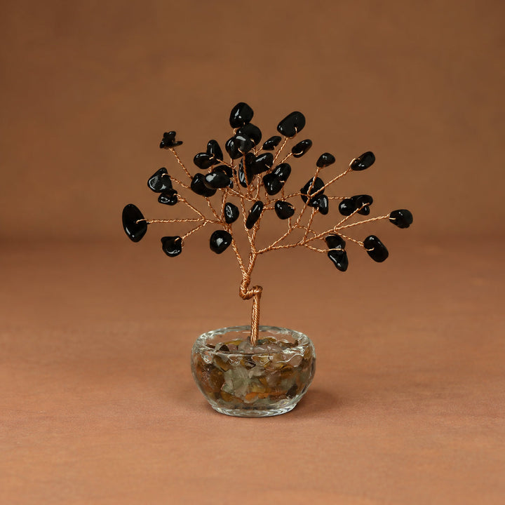 Black gemstone crystal tree with wire branches and round faceted crystal base