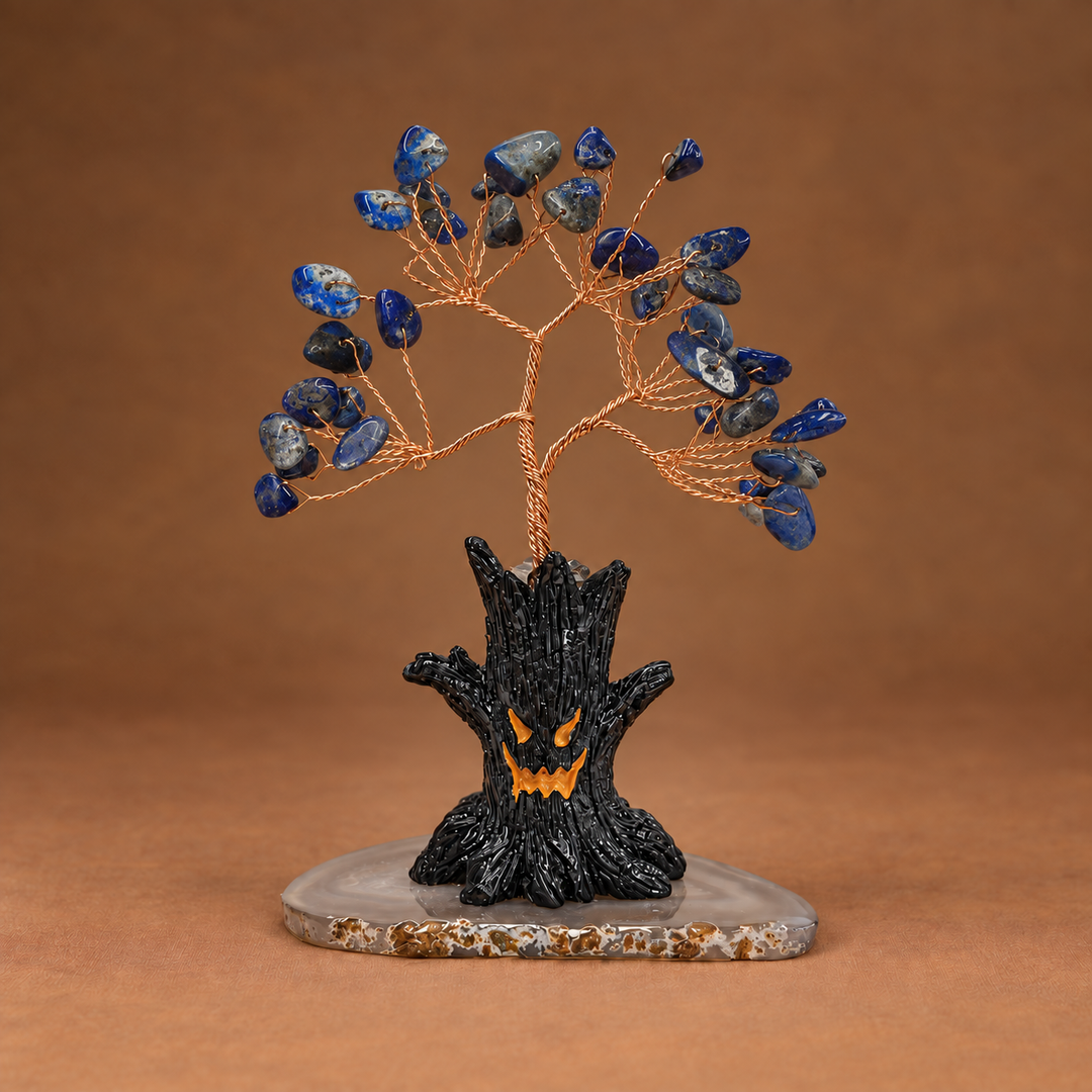 Halloween crystal tree ornament: blue faceted crystals on copper wire, black jack-o-lantern base
