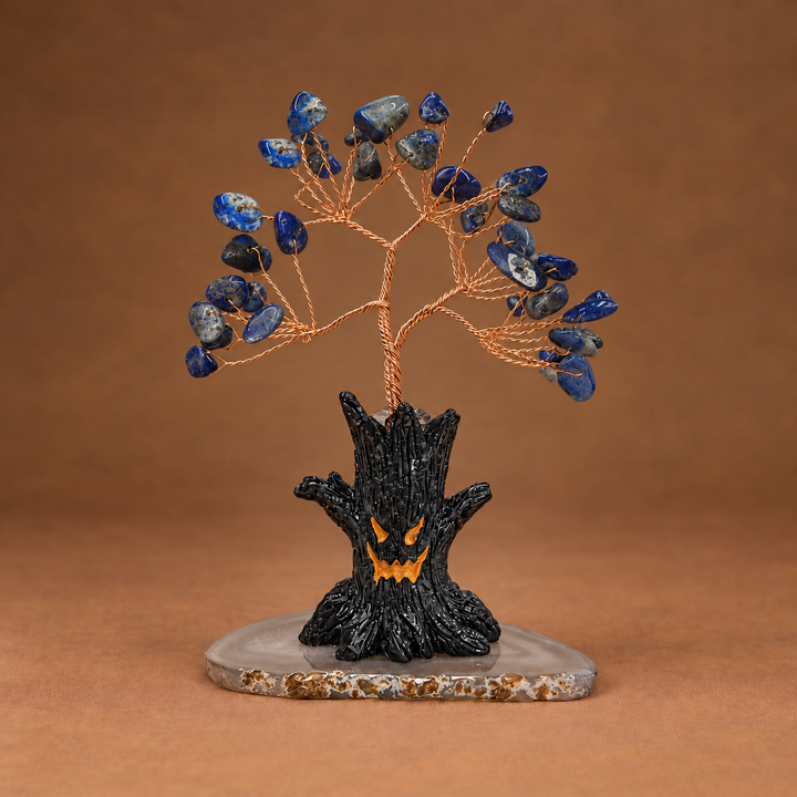 Halloween crystal tree ornament: blue faceted crystals on copper wire, black jack-o-lantern base