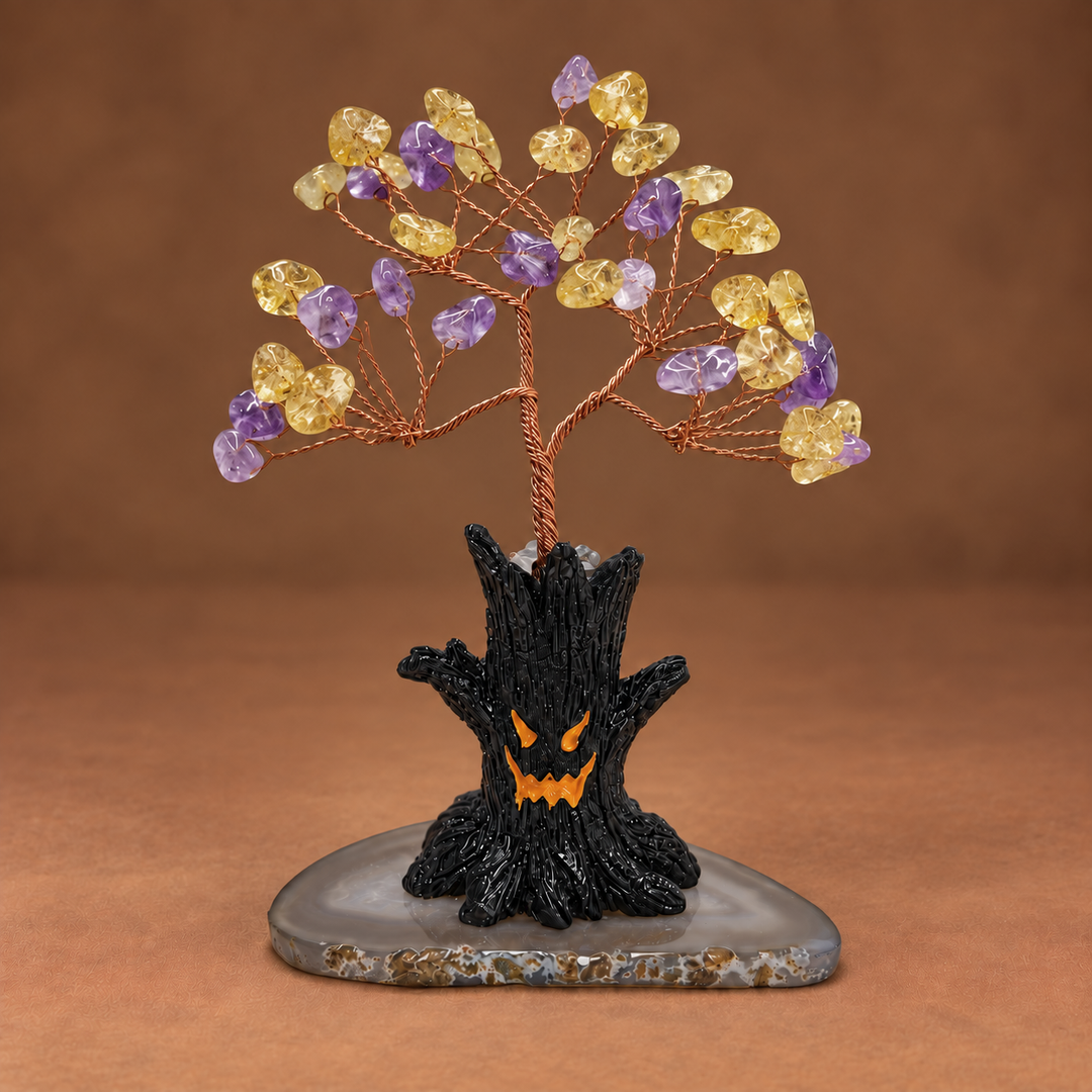 Halloween crystal tree ornament: yellow and purple faceted crystals on copper wire, black jack-o-lantern