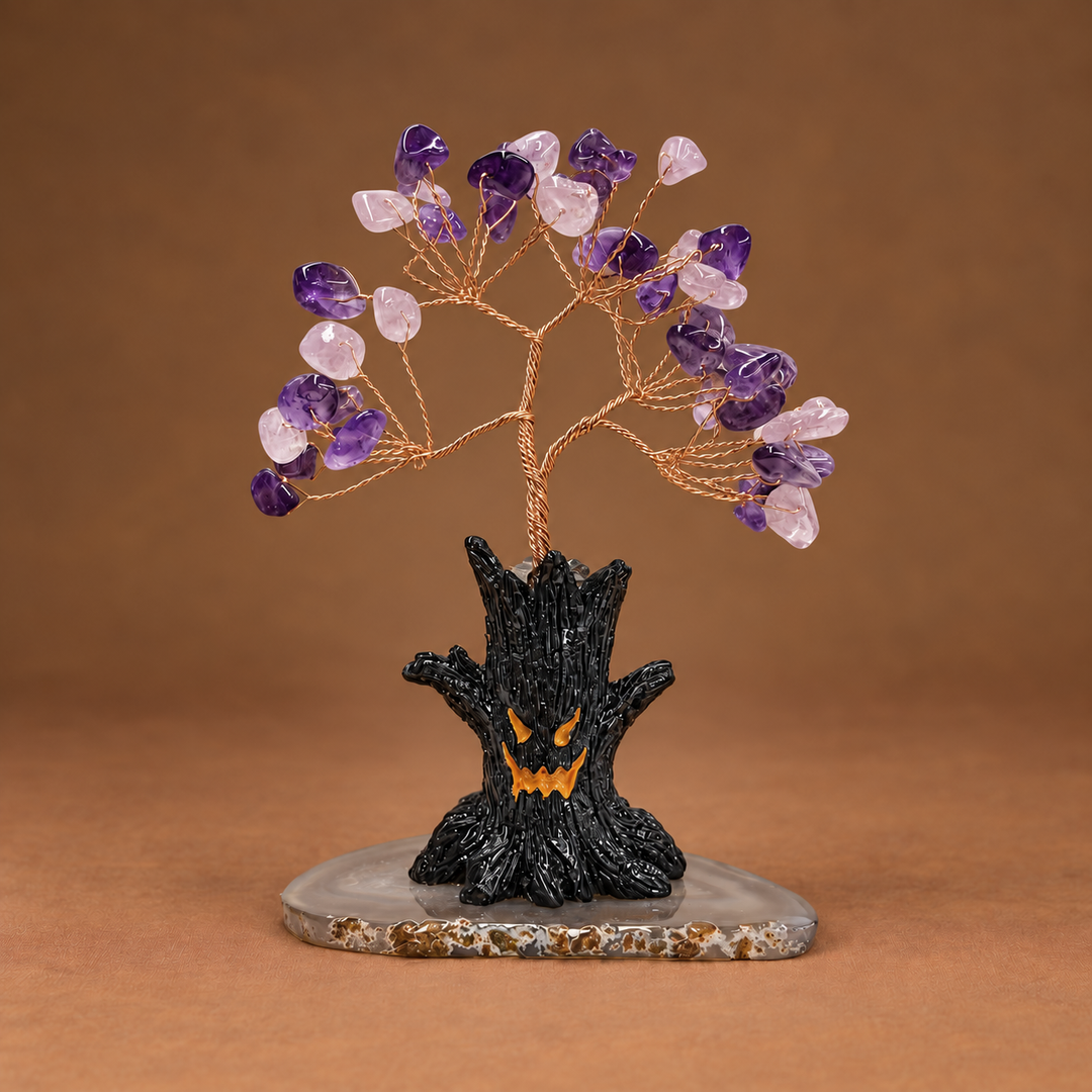 Halloween crystal tree ornament: purple and pink faceted crystals on copper wire, black jack-o-lantern base