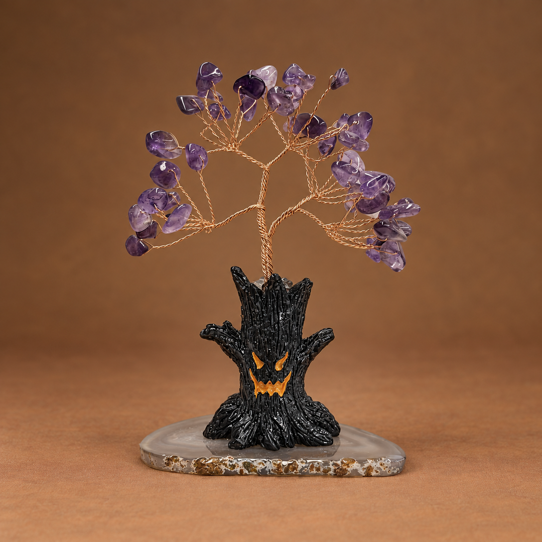Halloween crystal tree ornament: purple faceted crystals, copper wire, black jack-o-lantern base