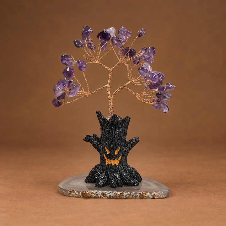Halloween crystal tree ornament: purple faceted crystals, copper wire, black jack-o-lantern base